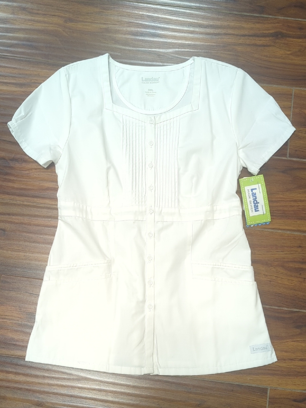Landau 4045 Pintucked Scrub Top - White